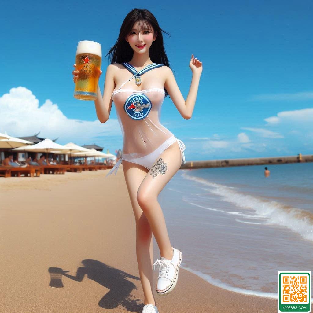妹子高舉著啤酒在沙灘奔跑